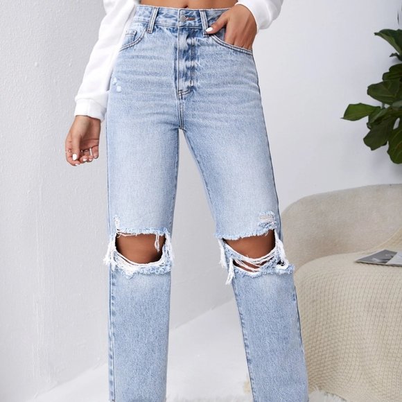 Blue Casual Womens Ripped Raw Cut Straight Leg Jeans - Picture 2 of 5